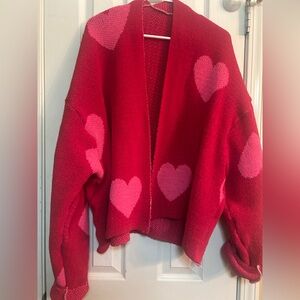 Heart Patterned Red and Pink Women's Sweater handmade one of a kind/ size large